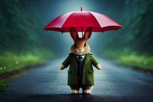 a rabbit wearing a suit and holding an umbrella. AI-Generated photo