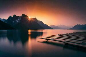 a pier in the middle of a lake with mountains in the background. AI-Generated photo