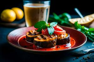 a plate with grilled eggplant and tomatoes on it. AI-Generated photo
