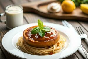 spaghetti with tomato sauce and basil leaves on a white plate. AI-Generated photo