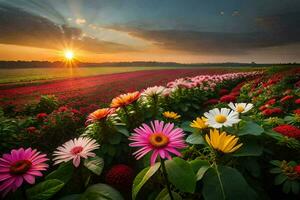 the sun rises over a field of colorful flowers. AI-Generated photo