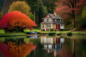 a house sits on the edge of a lake with a red tree. AI-Generated photo