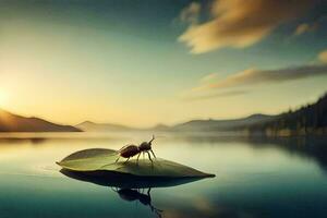 a beetle sits on a leaf in the water. AI-Generated photo