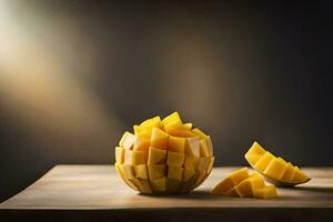 un mango es cortar en medio y sentado en un mesa. generado por ai foto