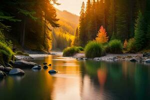 a river in the forest with trees and rocks. AI-Generated photo