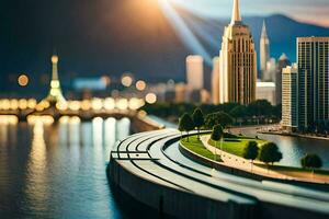 un miniatura ciudad con un río y un puente. generado por ai foto