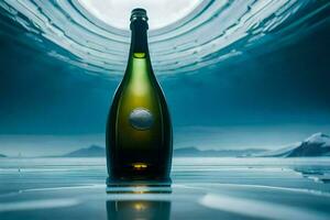 a bottle of champagne sitting in an ice cave. AI-Generated photo