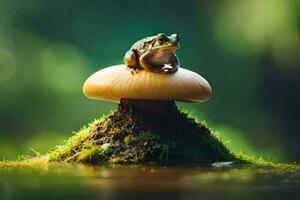 a frog sits on top of a mushroom in the water. AI-Generated photo