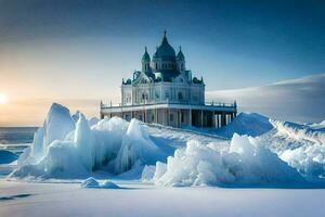 a church is surrounded by ice and snow. AI-Generated photo