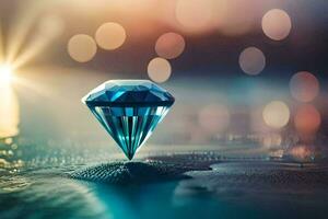 un diamante es mostrado en un mesa con un borroso antecedentes. generado por ai foto