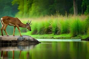 a deer stands on a rock by the water. AI-Generated photo