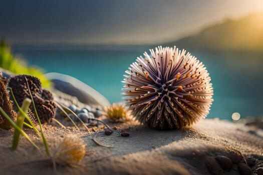 un pequeño puntiagudo pelota se sienta en el arena. generado por ai foto