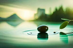 a ball on a lake with a leaf. AI-Generated photo