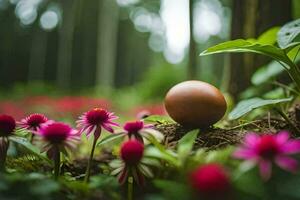 an egg is sitting in the middle of a field of flowers. AI-Generated photo