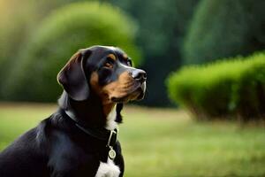 a dog sitting in the grass looking up. AI-Generated photo