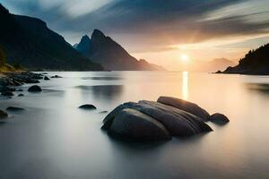 un largo exposición fotografía de rocas en el agua. generado por ai foto