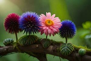 four colorful flowers are sitting on a branch. AI-Generated photo