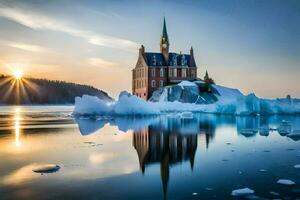 a church on an iceberg in the middle of the ocean. AI-Generated photo