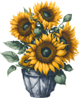 A painting of a bouquet of sunflowers in a basket. AI-Generated. png