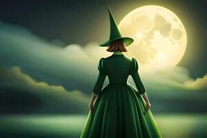 the witch is standing in front of the moon. AI-Generated photo