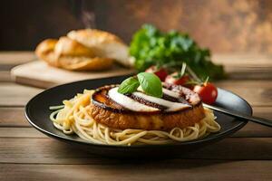 a plate of spaghetti and meat on a wooden table. AI-Generated photo