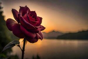 a red rose is in front of a lake at sunset. AI-Generated photo
