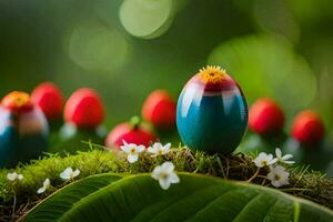 colorful eggs on a green leaf. AI-Generated photo
