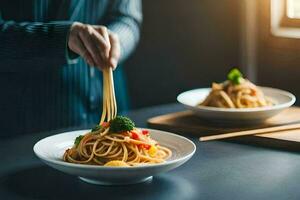 a man is holding chopsticks over a bowl of pasta. AI-Generated photo