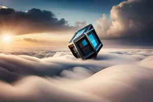 un cubo flotante en el nubes generado por ai foto