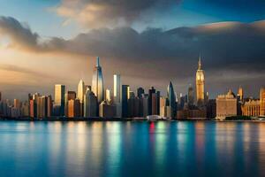 the manhattan skyline at sunset. AI-Generated photo