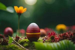 an easter egg is sitting on the ground surrounded by flowers. AI-Generated photo