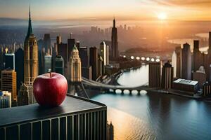 an apple sits on top of a ledge overlooking a city. AI-Generated photo