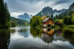 a small house sits on the edge of a lake surrounded by mountains. AI-Generated photo