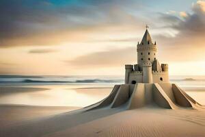 un arena castillo en el playa a puesta de sol. generado por ai foto