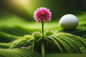 a pink flower is growing on a green plant. AI-Generated photo