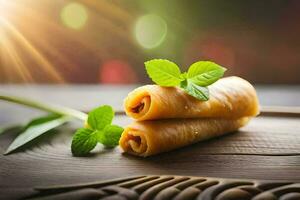 two rolls of food with mint leaves on top. AI-Generated photo