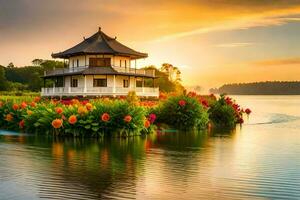 a beautiful house on a lake at sunset. AI-Generated photo