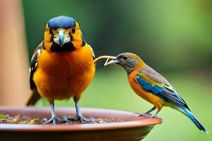 un par de aves comiendo desde un pájaro alimentador. generado por ai foto