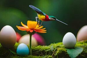 a colorful bird is perched on a flower and a colorful egg. AI-Generated photo