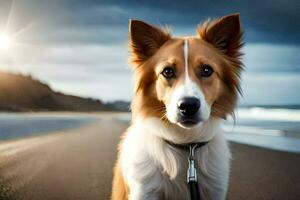 un perro en un Correa en pie en el playa. generado por ai foto