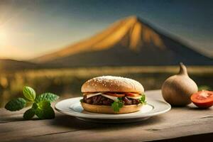 a hamburger on a plate with a mountain in the background. AI-Generated photo