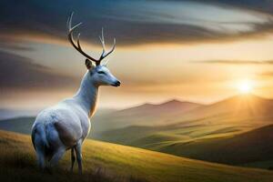 a white deer stands in the grass at sunset. AI-Generated photo