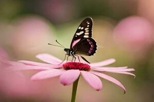 un mariposa se sienta en un rosado flor. generado por ai foto