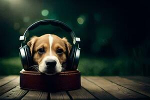 un perro vistiendo auriculares en un de madera mesa. generado por ai foto