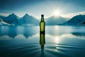 a bottle of wine is sitting on the water in front of mountains. AI-Generated photo