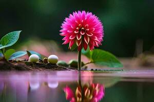 a pink flower is sitting on the water with leaves. AI-Generated photo