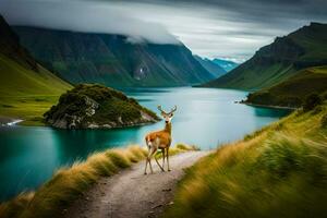 a deer stands on a path near a lake. AI-Generated photo