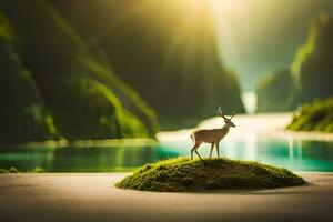 photo wallpaper the sky, water, mountains, deer, the sun, the deer, the deer. AI-Generated