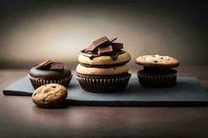 chocolate cupcakes and cookies on a black slate. AI-Generated photo