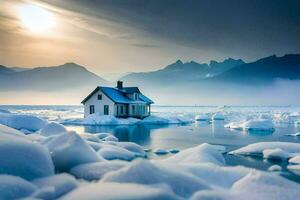 a house sits on ice in the middle of a lake. AI-Generated photo